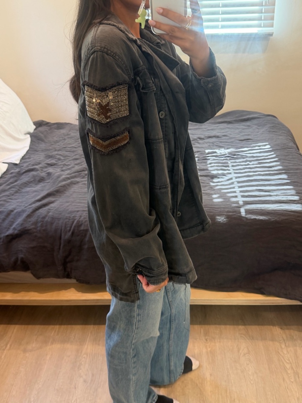 Free People Washed Black Denim Jacket with Gold Sequin Patches
